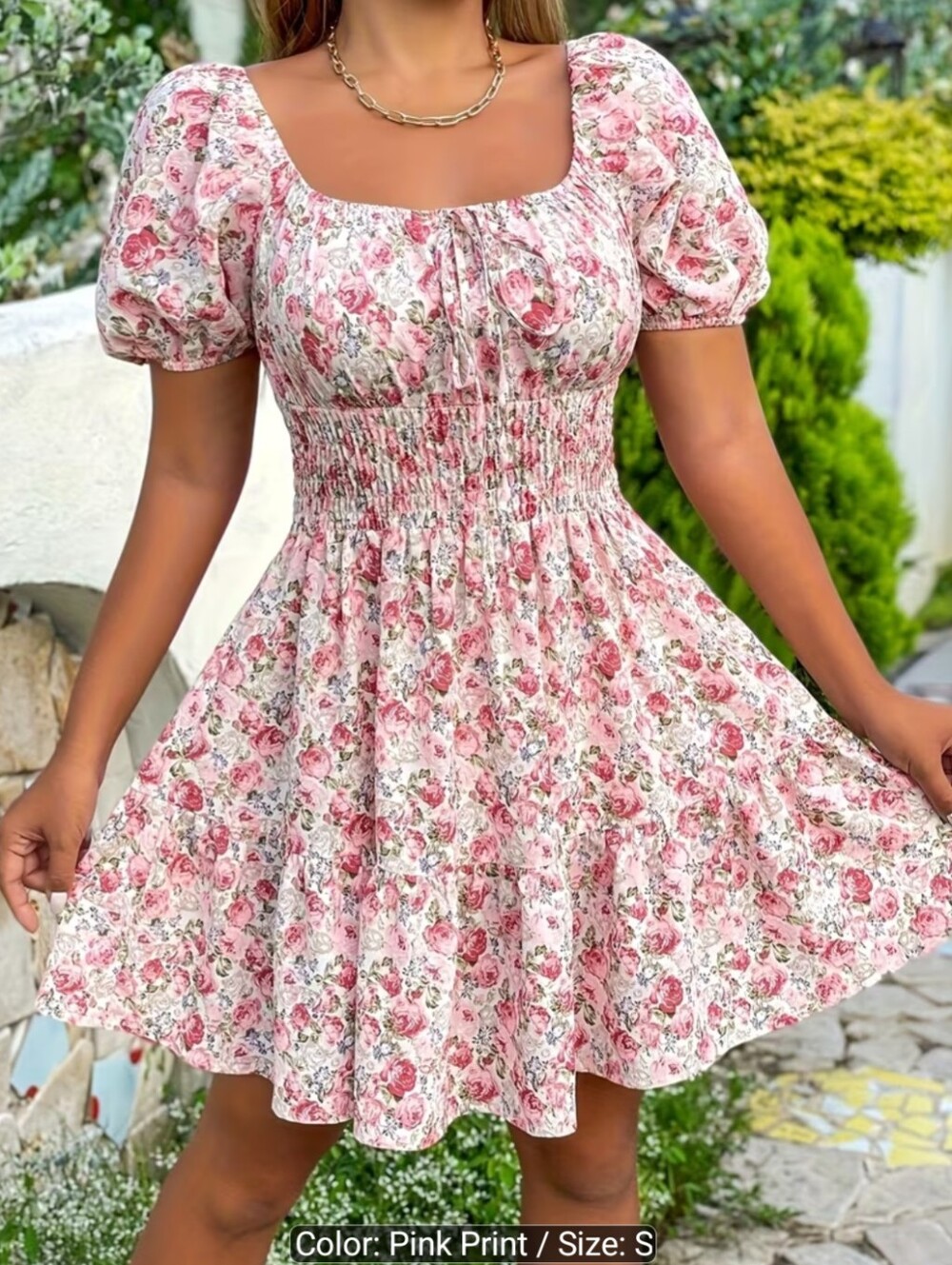Women's Summer Dresses Square Neck Short Sleeve Waisted Elegant Dresses - Picture 2 of 6